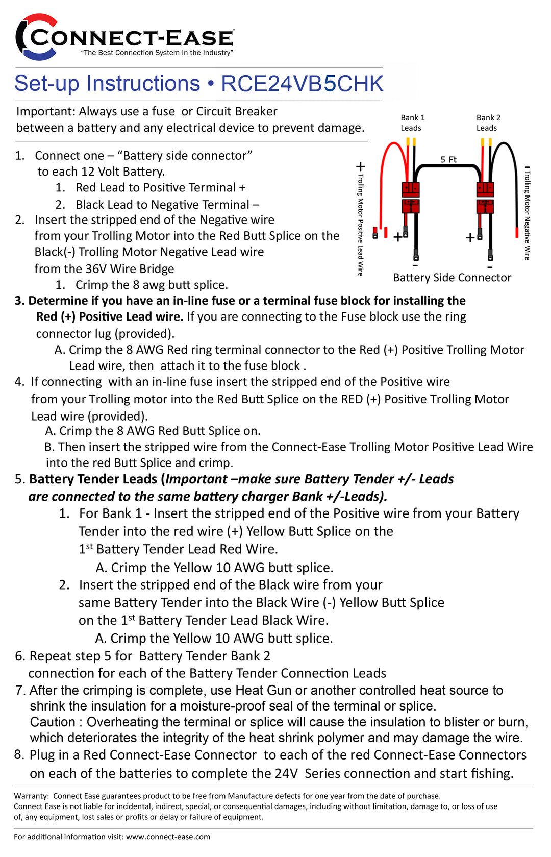 24 Volt Trolling Motor Connection  5' Extension for Separated Battery Compartments (RCE24VB5CHK) - Connect-Ease. Connect all your marine equipment with ease.